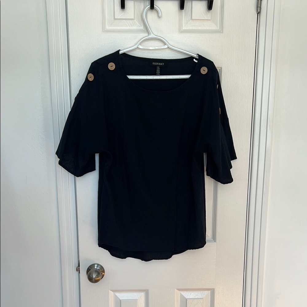 Ellen Tracy Navy Blouse with Wooden Button Details